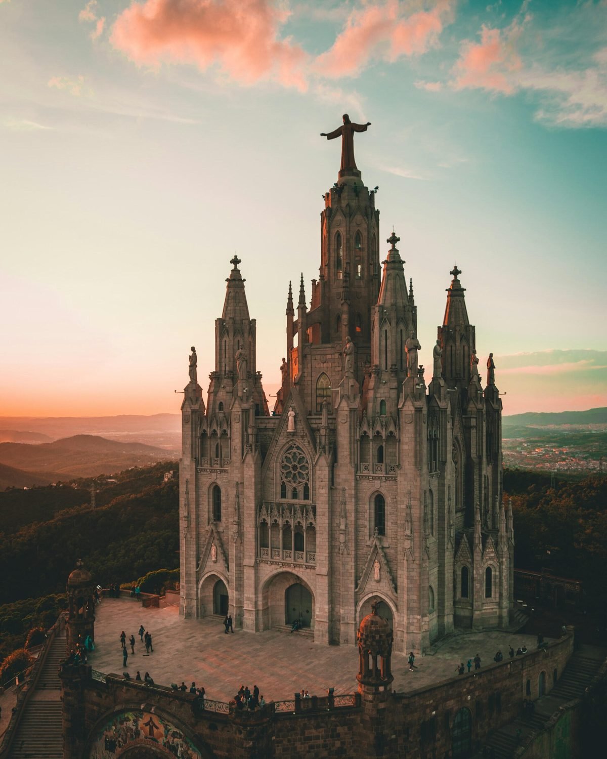 The Temple of the Sacred Heart on Tibidabo, overlooking Barcelona at sunset